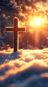 Wooden cross stands in snowy landscape under low winter sun
