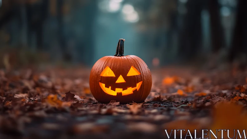Carved jack-o-lantern rests on leaf-covered forest path