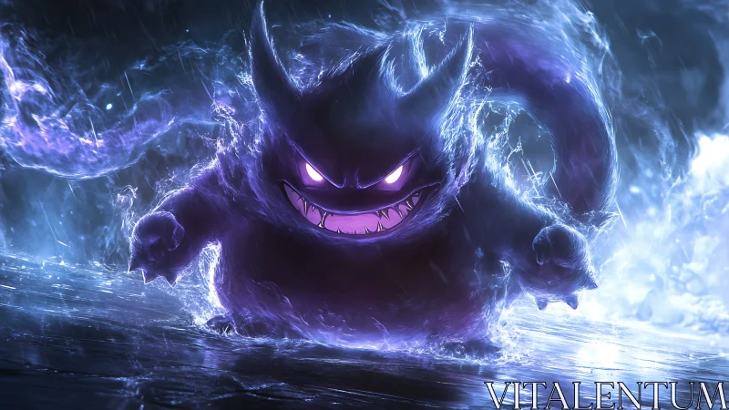 Glowing ghostly creature strides through swirling neon mist.