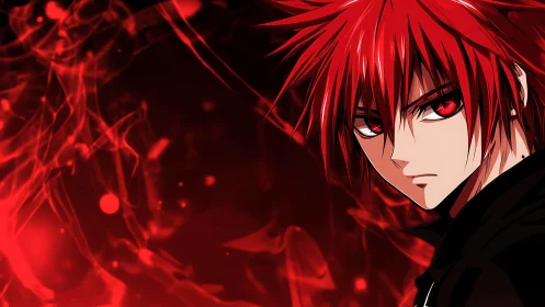 Scarlet-haired anime rebel framed in glowing red night.