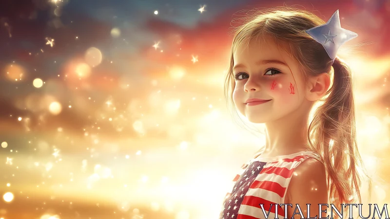 Young child in patriotic attire with star accessory against golden light.