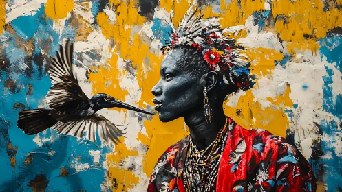 Profile portrait with bird interaction against abstract field.