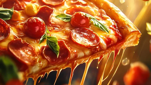 Melty pepperoni pizza slice dripping with cheesy goodness.