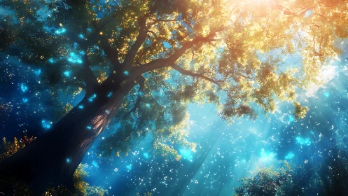 Large tree canopy viewed from below under stylized bright light