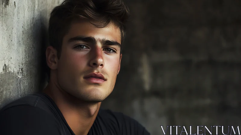 Close-up male portrait against concrete wall, soft side light