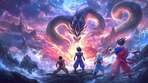Warriors confront colossal cosmic dragon amid burning sky