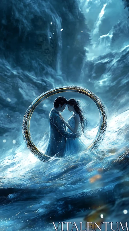 Celestial Portal: Two Figures Embrace Within Luminous Ring