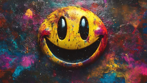 Yellow smiley face with multicolor paint splatter backdrop.