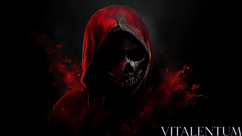 Digital painting of hooded crimson skull in chiaroscuro focus.