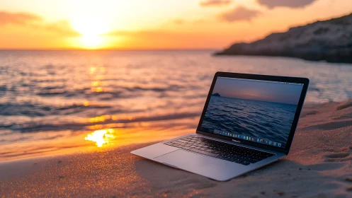Laptop rests on sandy beach during vivid ocean sunset