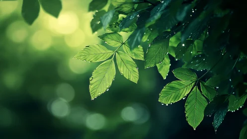 Green leaves with water droplets hang against blurred light