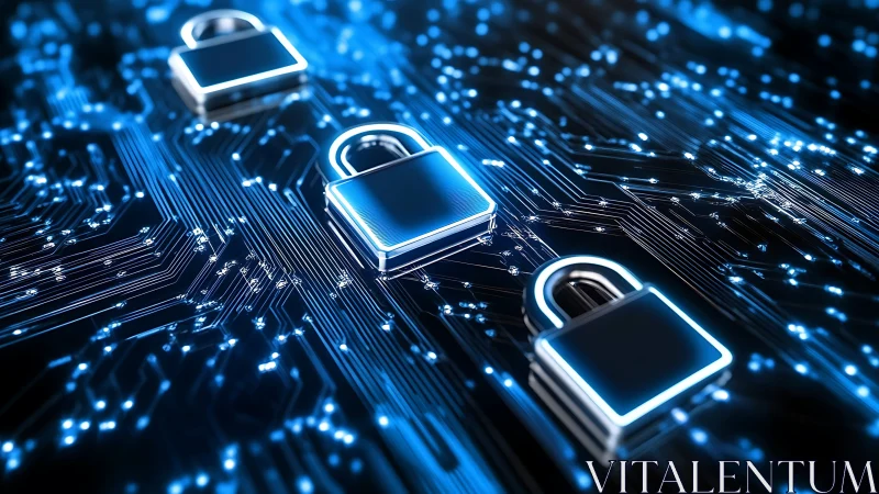 Cybersecurity padlocks guarding glowing data circuits.