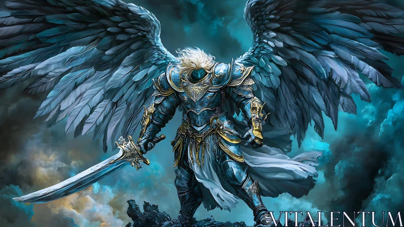 Armored winged paladin descends through turbulent cyan storm clouds