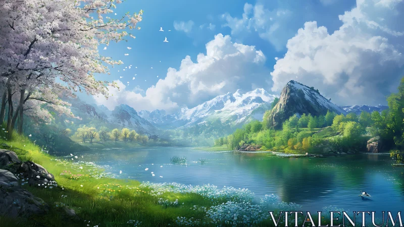 Spring-lit mountain lake dream with drifting blossoms.