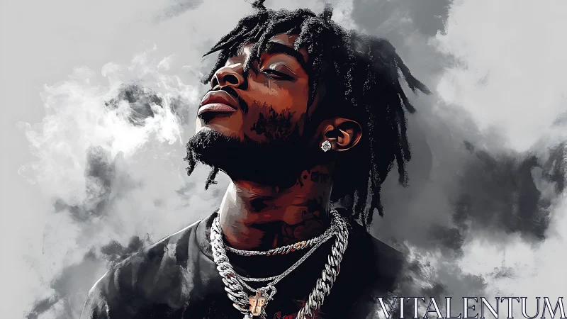 Stylized digital portrait of a rapper exhaling smoke upward