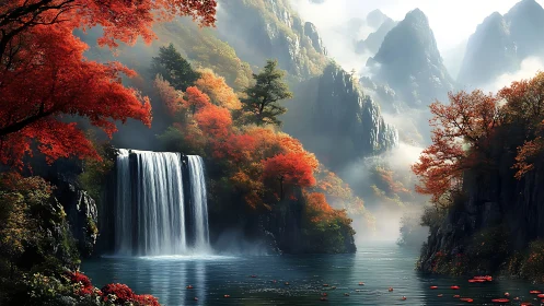Autumn waterfall cascades through misty mountains in digital fantasy