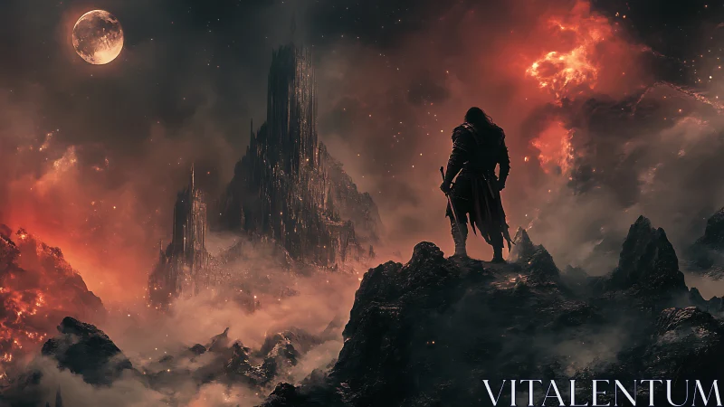 Lone warrior overlooking dark fortress in fiery wasteland.