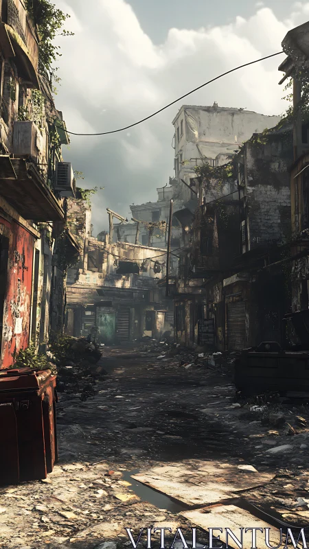 Derelict urban alley with decayed mid-rise residential blocks.