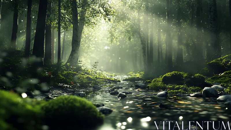 Sunlit Forest Stream with Mystical Canopy.