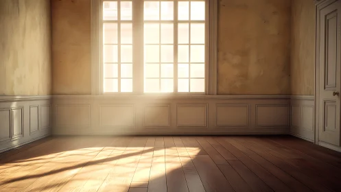 Sunlit empty room whispering through warm wooden floors.