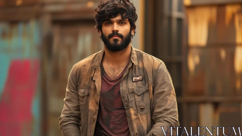 Bearded man in casual layered clothing outdoors at dusk.