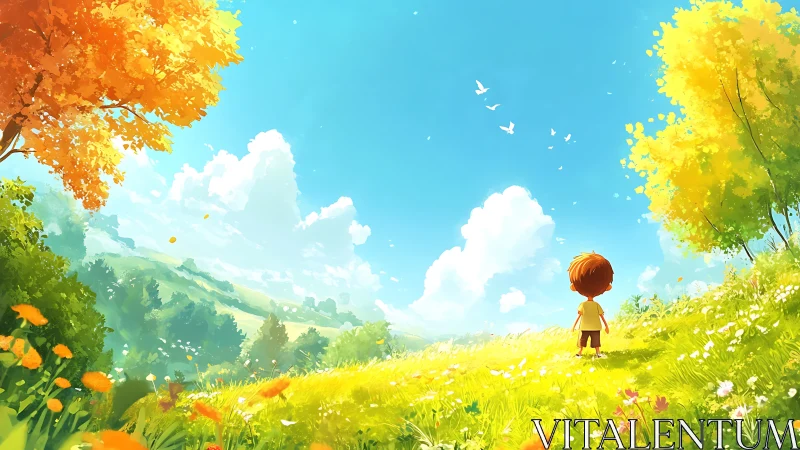 Luminous hillside panorama with child under saturated sky.