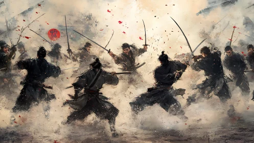 Samurai warriors clash in a smoky battlefield duel.