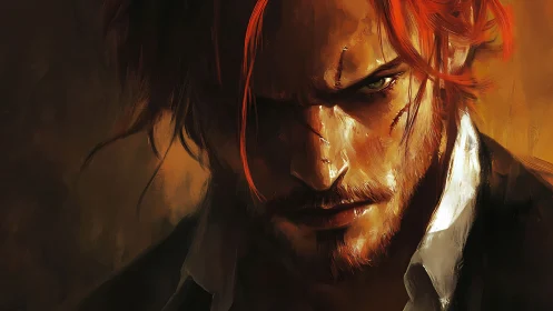 Scarred red-haired man rendered in dramatic painterly chiaroscuro
