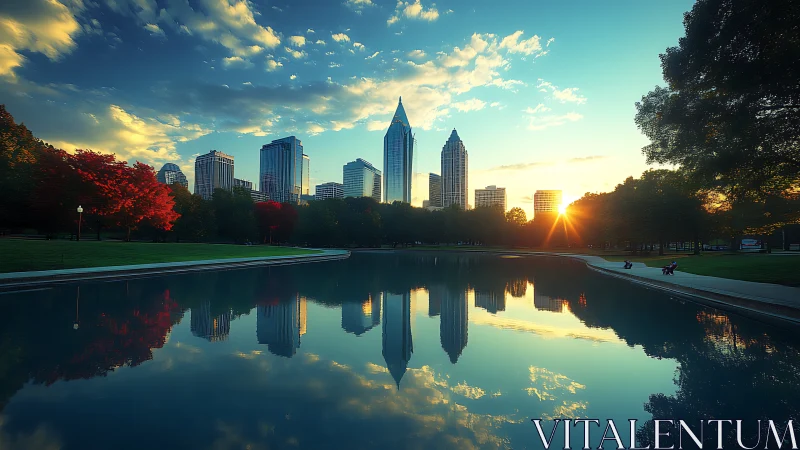 Sunset urban skyline reflected in symmetrical park water basin