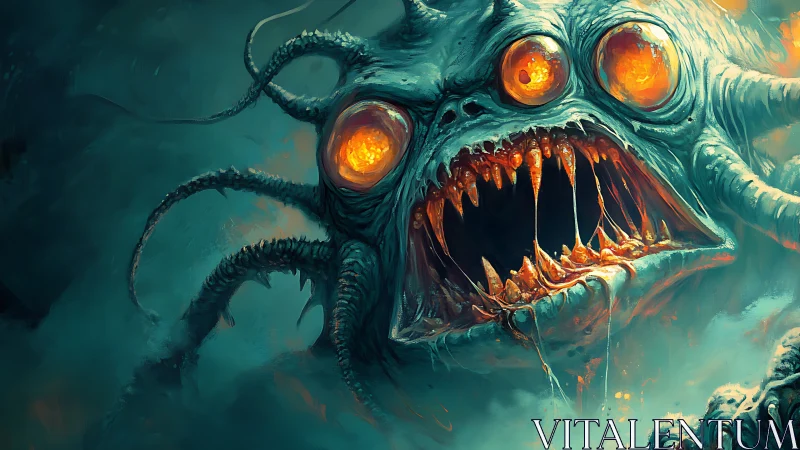 Monstrous tentacled creature with glowing orange eyes