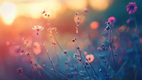 Backlit wildflowers in dreamy sunset bokeh fieldscape.