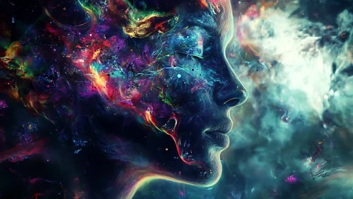 Cosmic dreamer’s serene face drifting through vibrant stars.