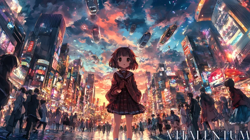 Neon skygirl wandering through a floating future cityscape.