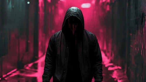 Hooded silhouette in neon magenta cyberpunk alleyway at night