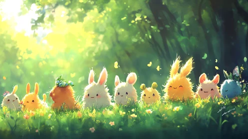 Digital painting of luminous forest bunnies in sunlit glade.