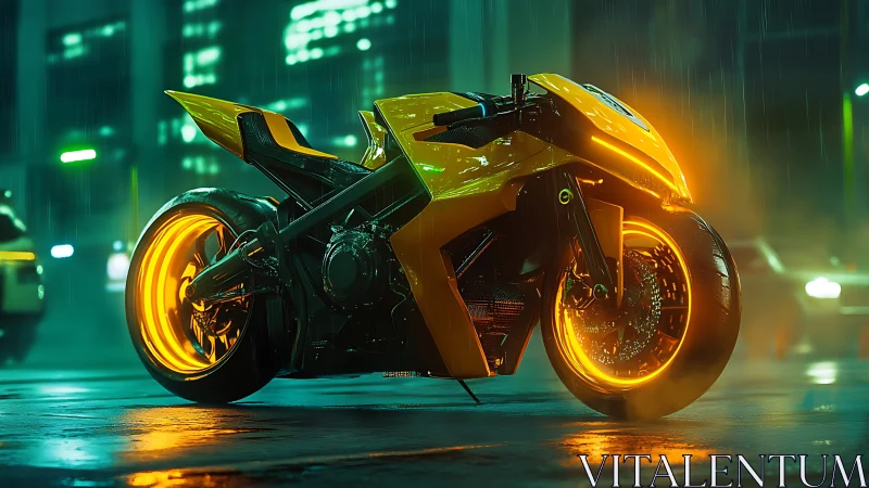 Neon yellow futuristic motorcycle in rainy city street.