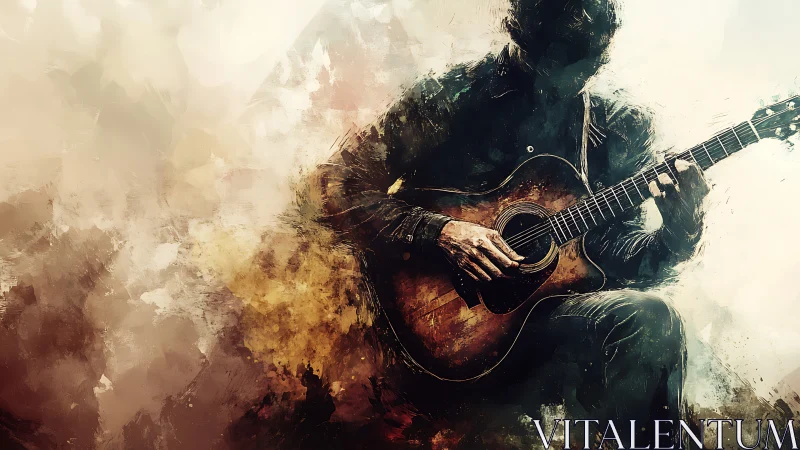 Moody abstract portrait of seated acoustic guitar player.