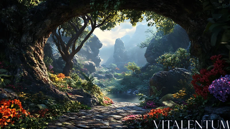 Lush fantasy forest pathway under natural rock archway.