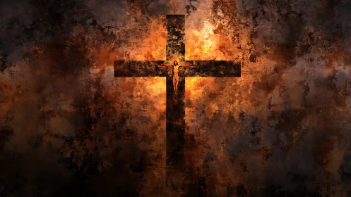 Burning dusk crucifix shrouded in shadowed, embered clouds.