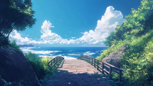 Sunlit coastal footbridge descending toward a calm summer sea