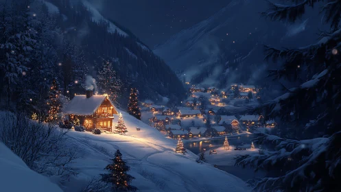 Snowy alpine village glows under deep winter night sky.