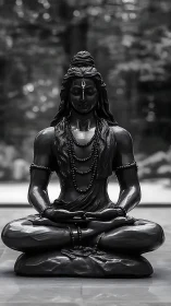Black stone Shiva statue in serene meditative posture.
