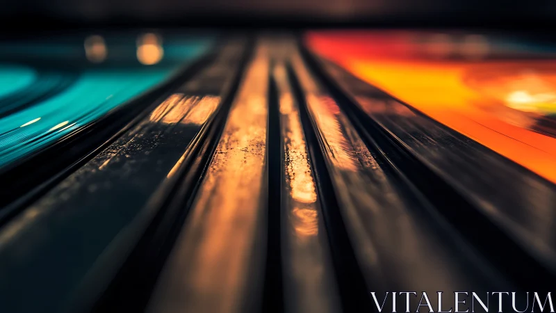 Vinyl record grooves rendered in shallow-focus abstract macro