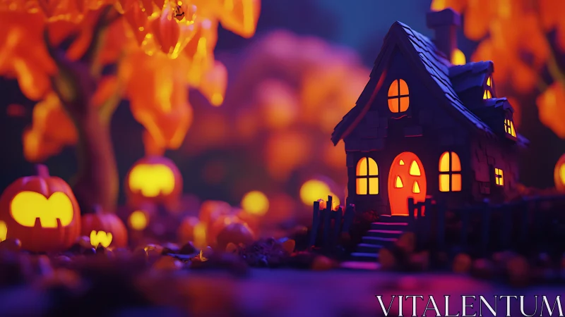 Halloween-themed miniature house with glowing pumpkins.