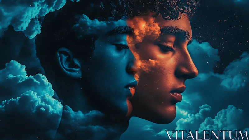 Dual-toned celestial portrait with surreal mirrored profile faces.