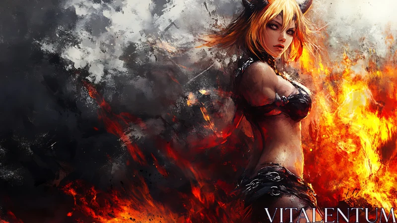 Demonic warrior portrait framed by abstract fire and smoke.