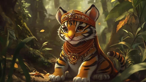 Regal tiger cub in ornate scarf within dense jungle.