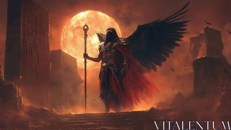 Winged dark deity before blood moon in ruined desert temple.