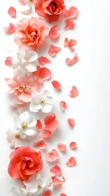 Red and white roses with scattered petals on white background.