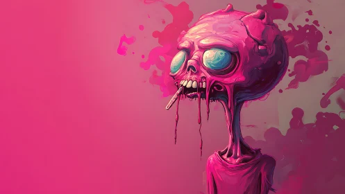 Neon pink melting skull figure with exaggerated glossy eyes.